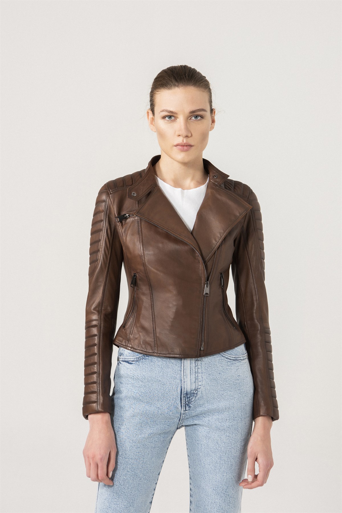 MARIA Women Biker Brown Leather Jacket | Women's Leather Jacket