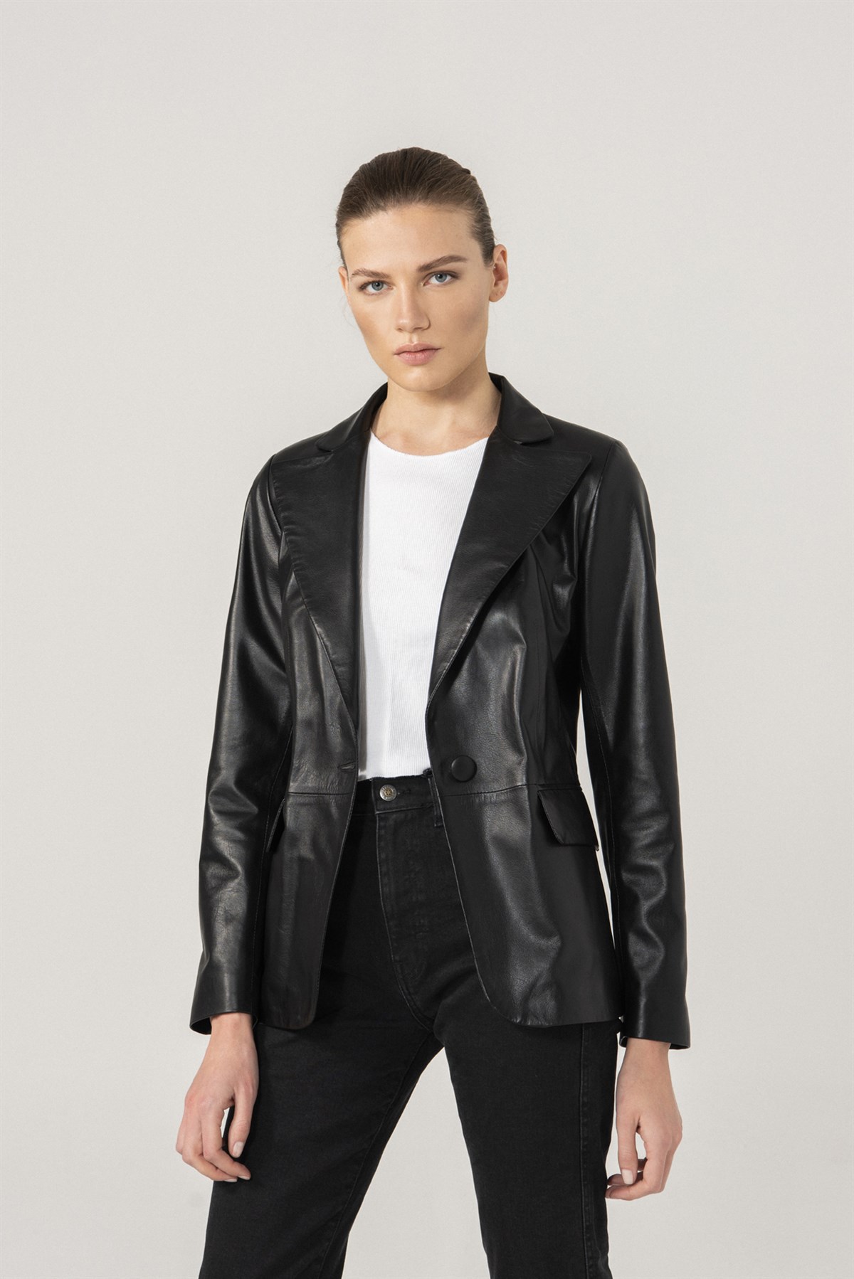 Olivia Women Single Button Black Leather Blazer Jacket | Women's Leather  Jacket