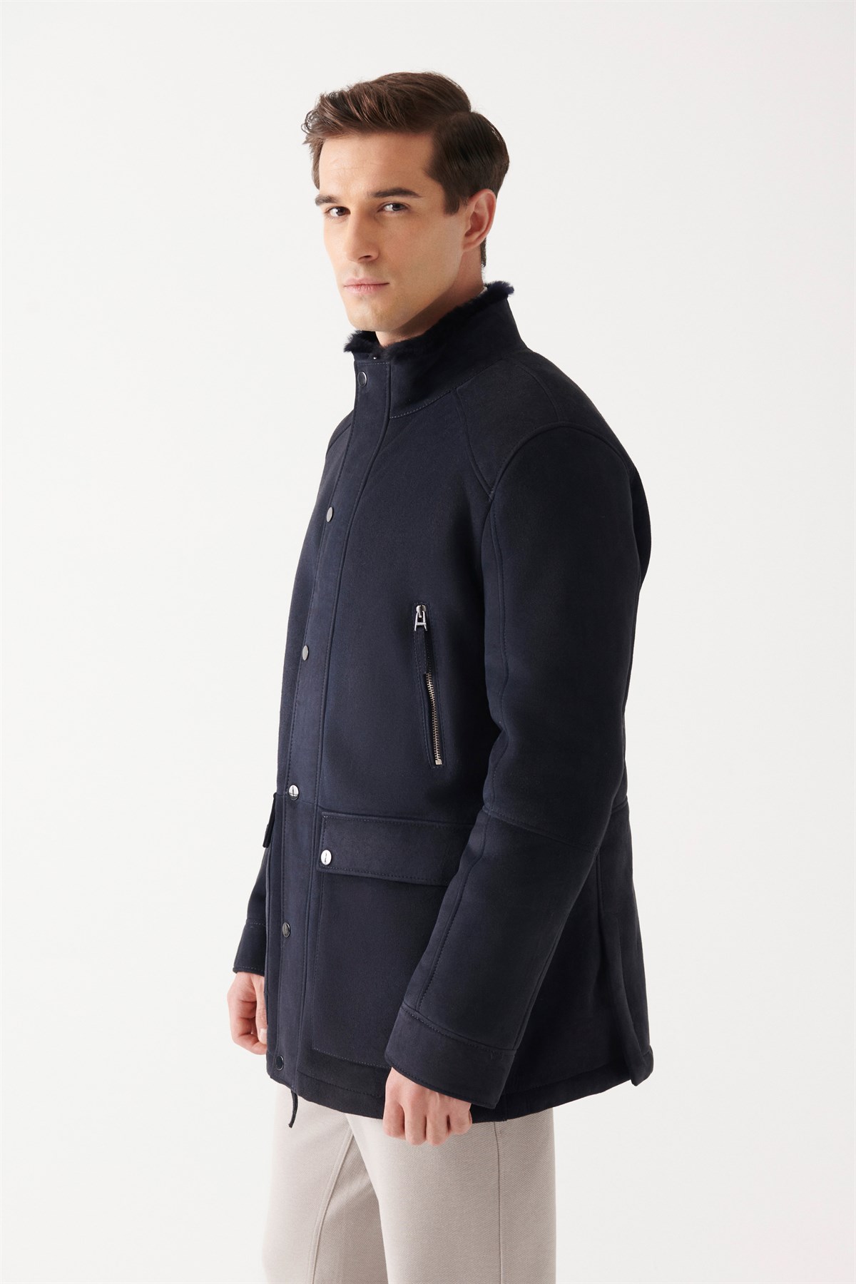 CAREL Men Navy Blue Shearling Coat | Men Leather and Shearling Coat&Jacket