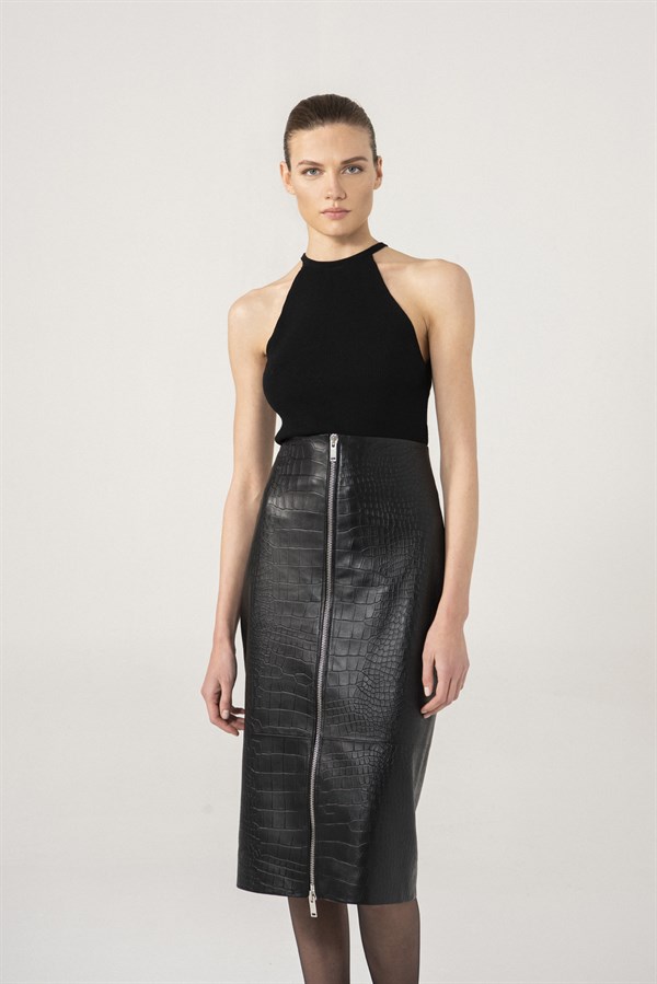 KADIN ETEKJenna Women Croco Patterned Black Leather Skirt