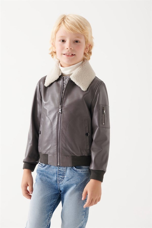 BOYS-AVATAR Boys Grey Leather Jacket