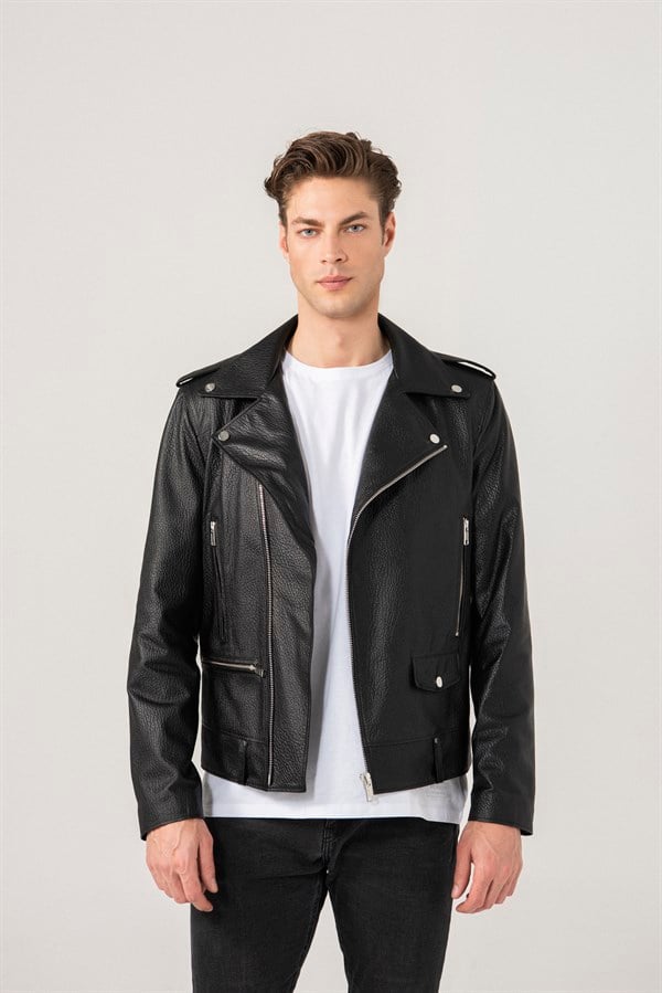 MEN'S LEATHER JACKETAndrey Men Biker Black Patterned Leather Jacket