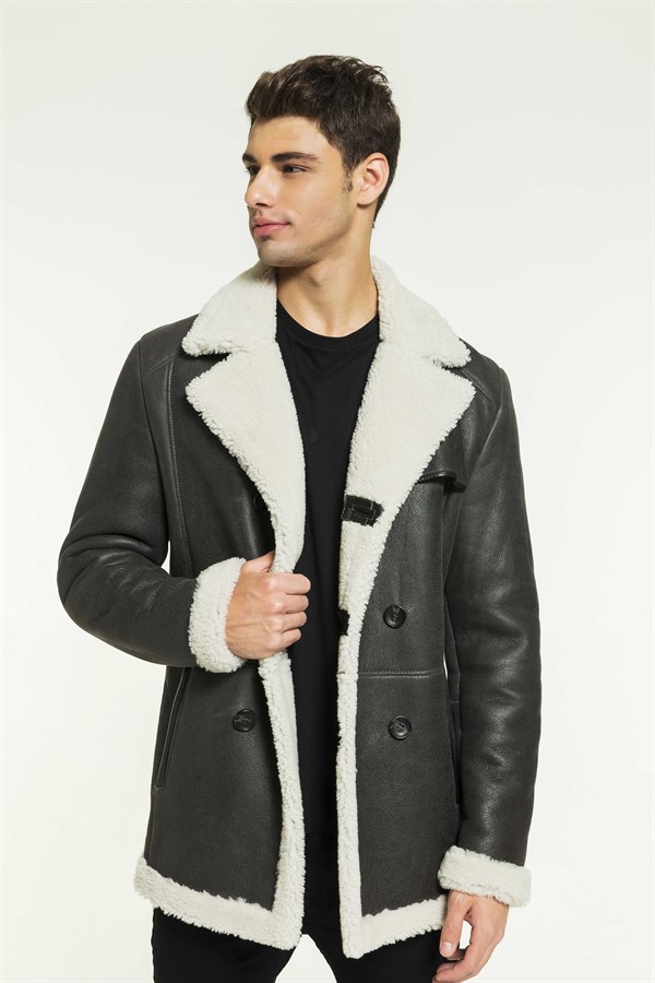 BENSON Men Casual Grizzly Grey Shearling Coat Black Noble | Luxury ...
