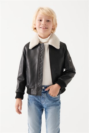 BOYS-AVATAR Boys Black Leather Jacket