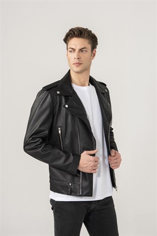 MEN'S LEATHER JACKETAndrey Men Biker Black Patterned Leather Jacket