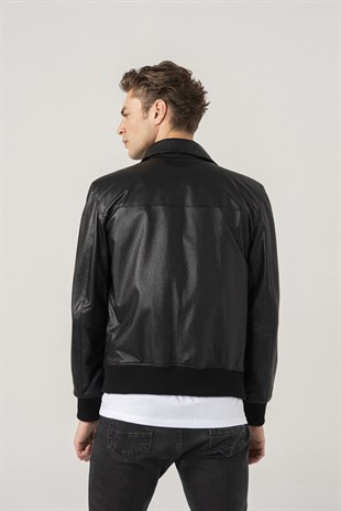 MEN'S LEATHER JACKETFrank Men Sports Patterned Black Leather Jacket