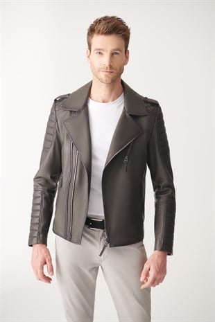 MEN'S LEATHER JACKETMARTIN Gray Blackout Biker Leather Jacket