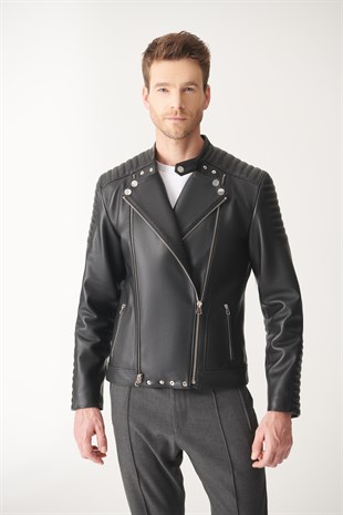 MEN'S LEATHER JACKETSOSA Black Biker Leather Jacket
