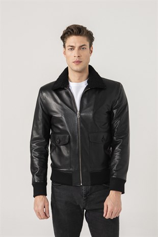 MEN'S LEATHER JACKETTOMMY Men College Black Leather Jacket