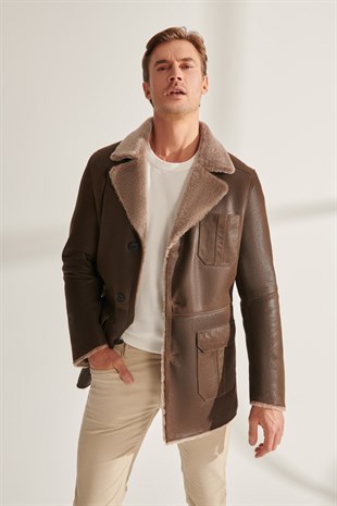 KELVIN Men Khaki Shearling Leather Coat