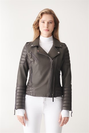 WOMEN'S LEATHER JACKETADA Gray Biker Leather Jacket