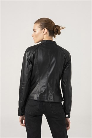 WOMEN'S LEATHER JACKETAMELIA Women Casual Black Leather Jacket