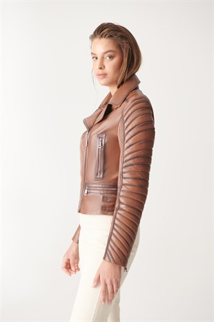 WOMEN'S LEATHER JACKETEVA Brown Black-out Leather Jacket