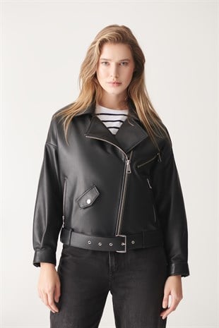 WOMEN'S LEATHER JACKETHELEN Black Oversized Leather Jacket