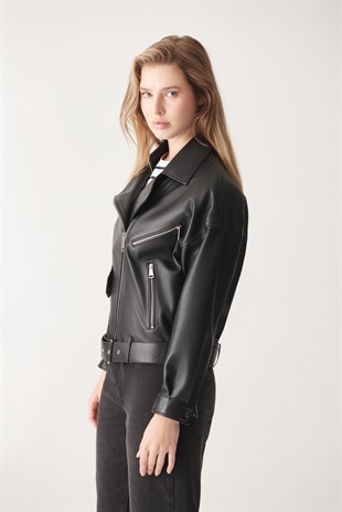 WOMEN'S LEATHER JACKETHELEN Black Oversized Leather Jacket