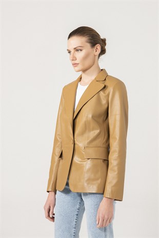 WOMEN'S LEATHER JACKETOlivia Women Single Button Sand Leather Blazer Jacket