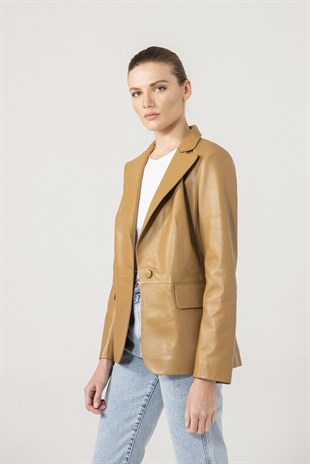 WOMEN'S LEATHER JACKETOlivia Women Single Button Sand Leather Blazer Jacket