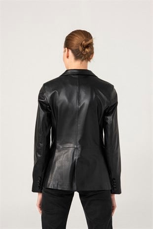WOMEN'S LEATHER JACKETOlivia Women Single Button Black Leather Blazer Jacket