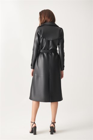 WOMEN LEATHER COATJESICA Black Trench Coat Leather Coat