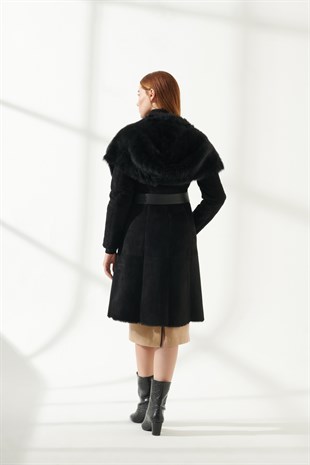 WOMEN FUR COATLORAN Women Casual Black Shearling Coat