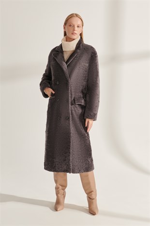 WOMEN FUR COATZOEY Women Gray Shearling Leather Coat