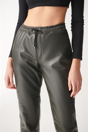 WOMEN PANTSAIDA Green Sport Leather Pants