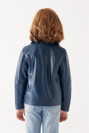 GIRLS-LARA Girls Navy Blue Leather Jacket