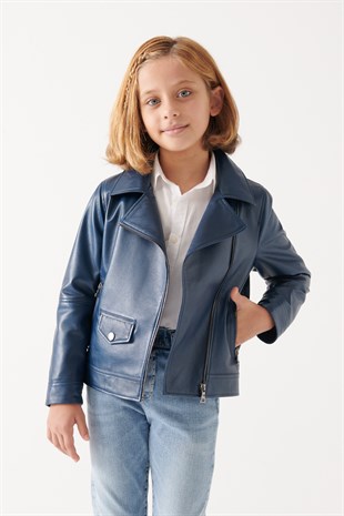 GIRLS-LARA Girls Navy Blue Leather Jacket
